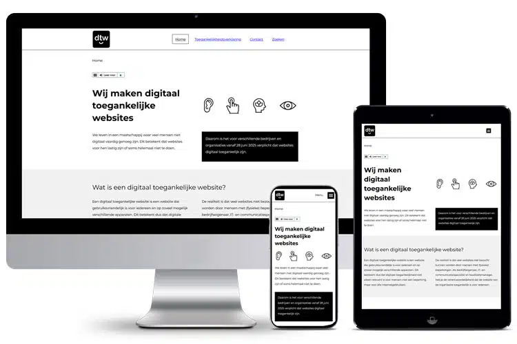 Voorbeeld van de toegankelijke website van DTW, geschikt voor desktop, mobiel en tablet.