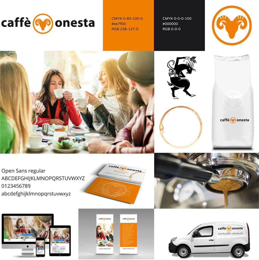 compilatie van een complete visuele branding van het merk kavee onesta; van logo tot uitingen.