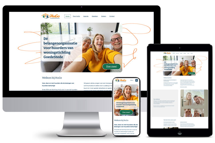 Voorbeeld van de toegankelijke website van HuGo voor desktop, mobiel en tablet