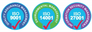Icons van de ISO certificaten: ISO 9001, ISO 14001 en ISO 27001.