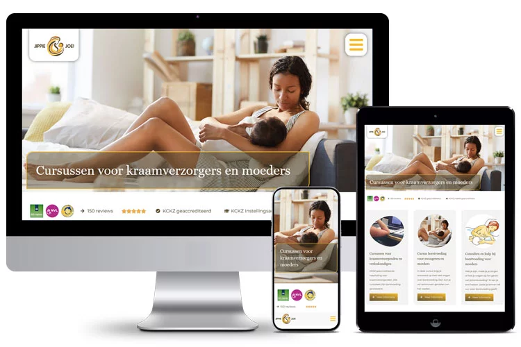 Voorbeeld van de toegankelijke website van JippieJoe voor desktop, mobiel en tablet.