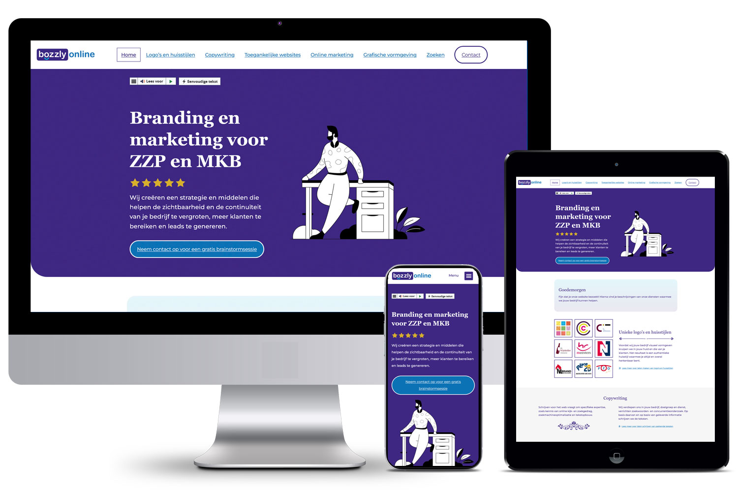 Voorbeeld van de toegankelijke website van Bozzly Online voor desktop, mobiel en tablet