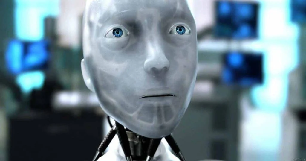 Het gezicht van een robot uit de film i-robot
